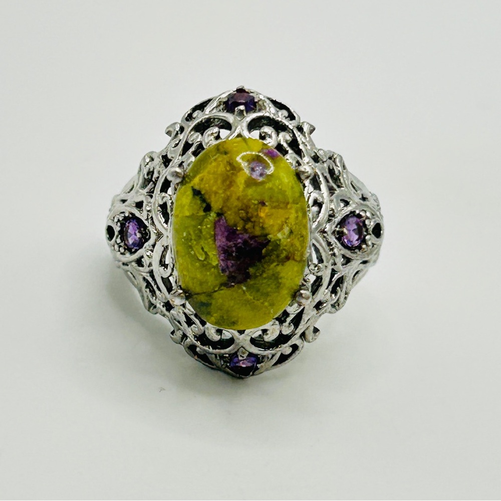 Tasmanian Stitchite and Amethyst Ring; Size 7; Stainless Steel